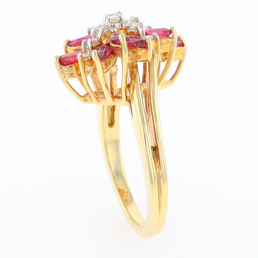 14K Gold Natural Ruby and Diamond Cluster Ring