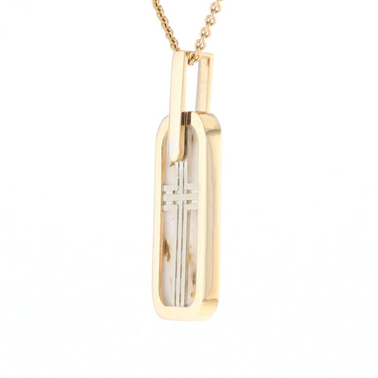 Gold Quartz Necklace Dog Tag Double Sided Inlaid Cross Pendant