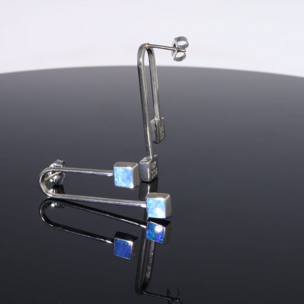 Opal Earrings Curved Bar Double Square Inlaid Ends Design Studs