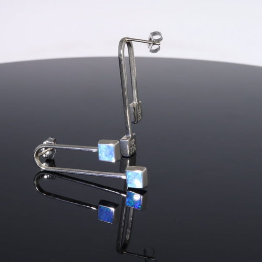 Opal Earrings Curved Bar Double Square Inlaid Ends Design Studs