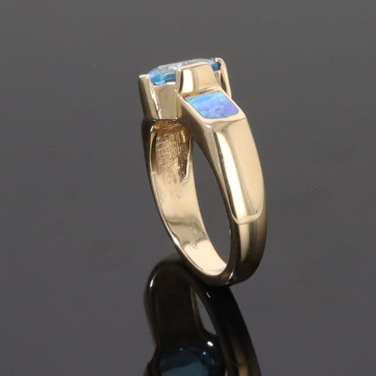 Opal Rings 2 Section Inlaid Design with Oval Swiss Blue Topaz Center