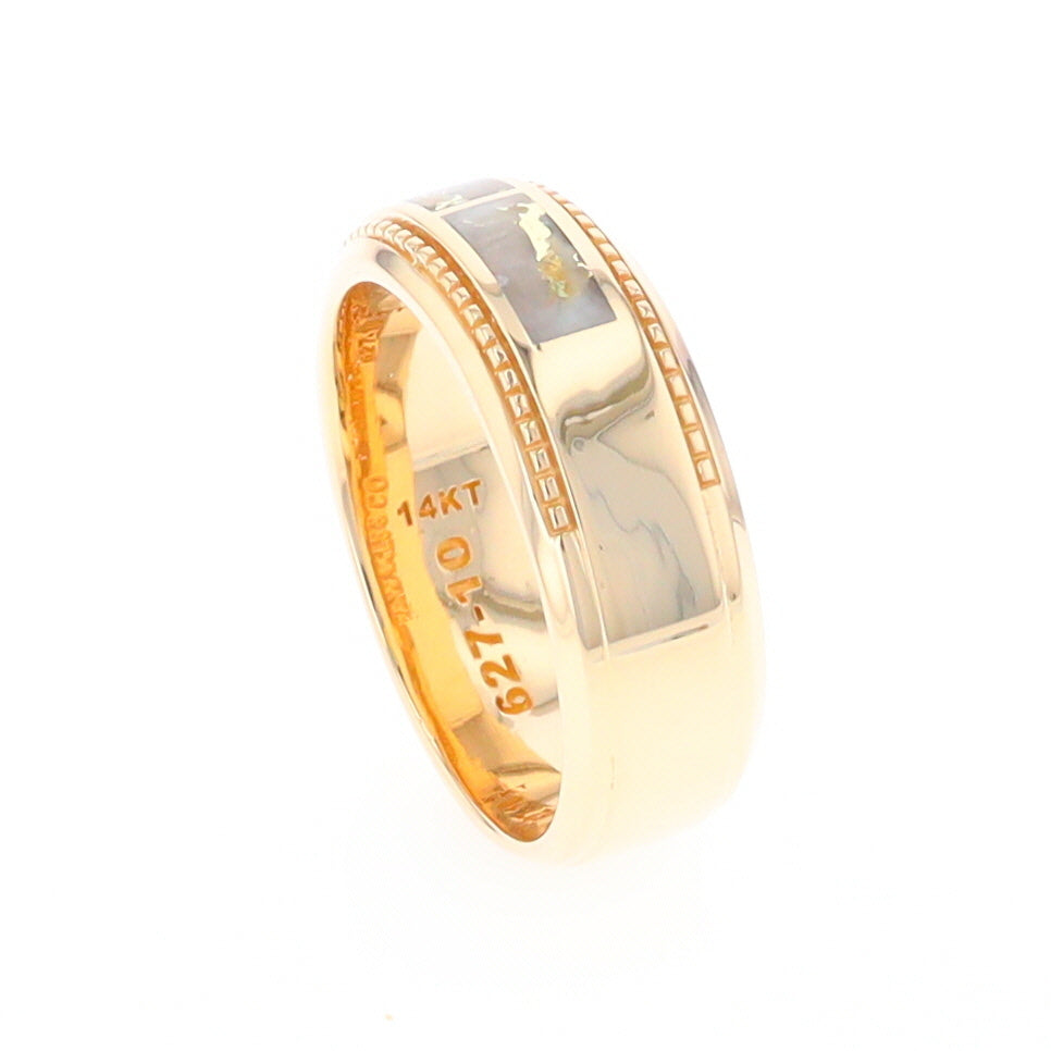 Gold Quartz Ring 3 Section Rectangle Inlaid Milgrain Border Band