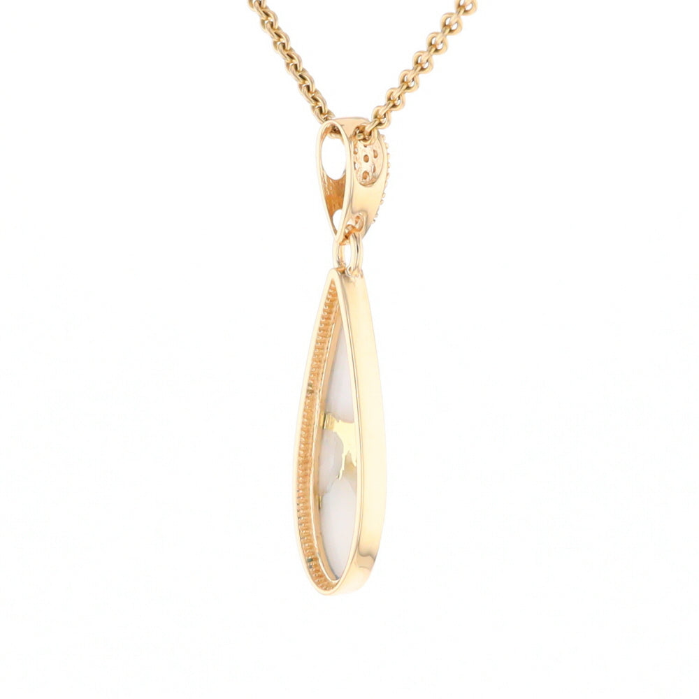 Gold Quartz Necklace, Tear Drop Inlaid Design with 0.11ctw Diamond Pave Pendant G2