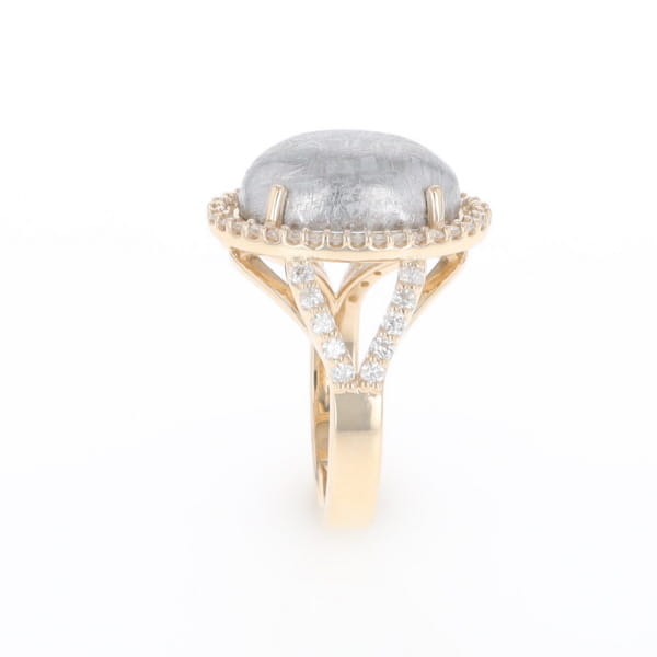 Meteorite Ring Oval Cabochon 0.65ctw Round Diamonds Halo
