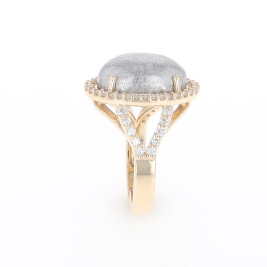 Meteorite Ring Oval Cabochon 0.65ctw Round Diamonds Halo
