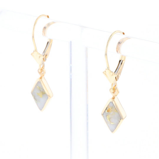 Gold Quartz Earrings Diamond Shape Inlaid Lever Backs G1
