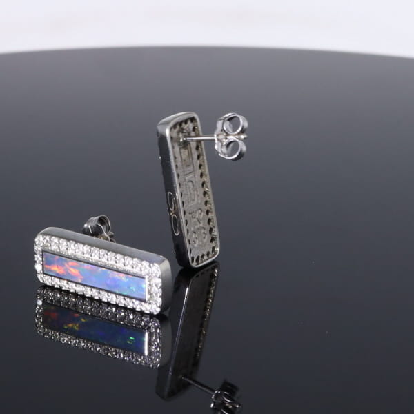 Opal Earrings Rectangle Inlaid with .50ctw Round Diamond Halo Studs