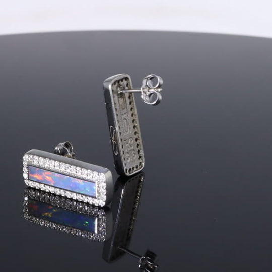 Opal Earrings Rectangle Inlaid with .50ctw Round Diamond Halo Studs