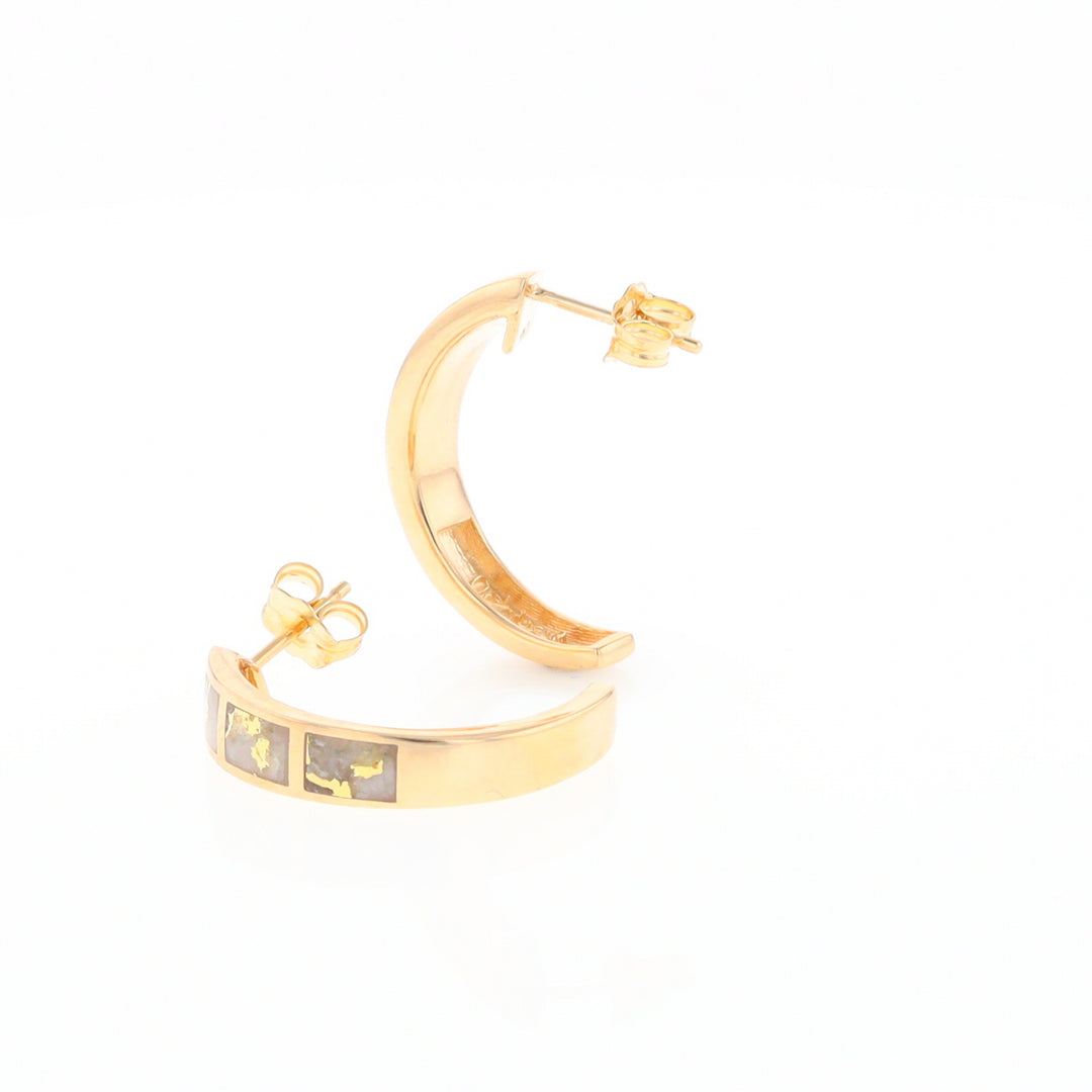 Gold Quartz Hoop Earrings 3 Section Inlaid Design