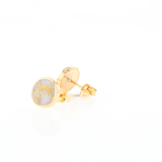 Gold Quartz Earrings 9mm Round Inlaid Studs - G2