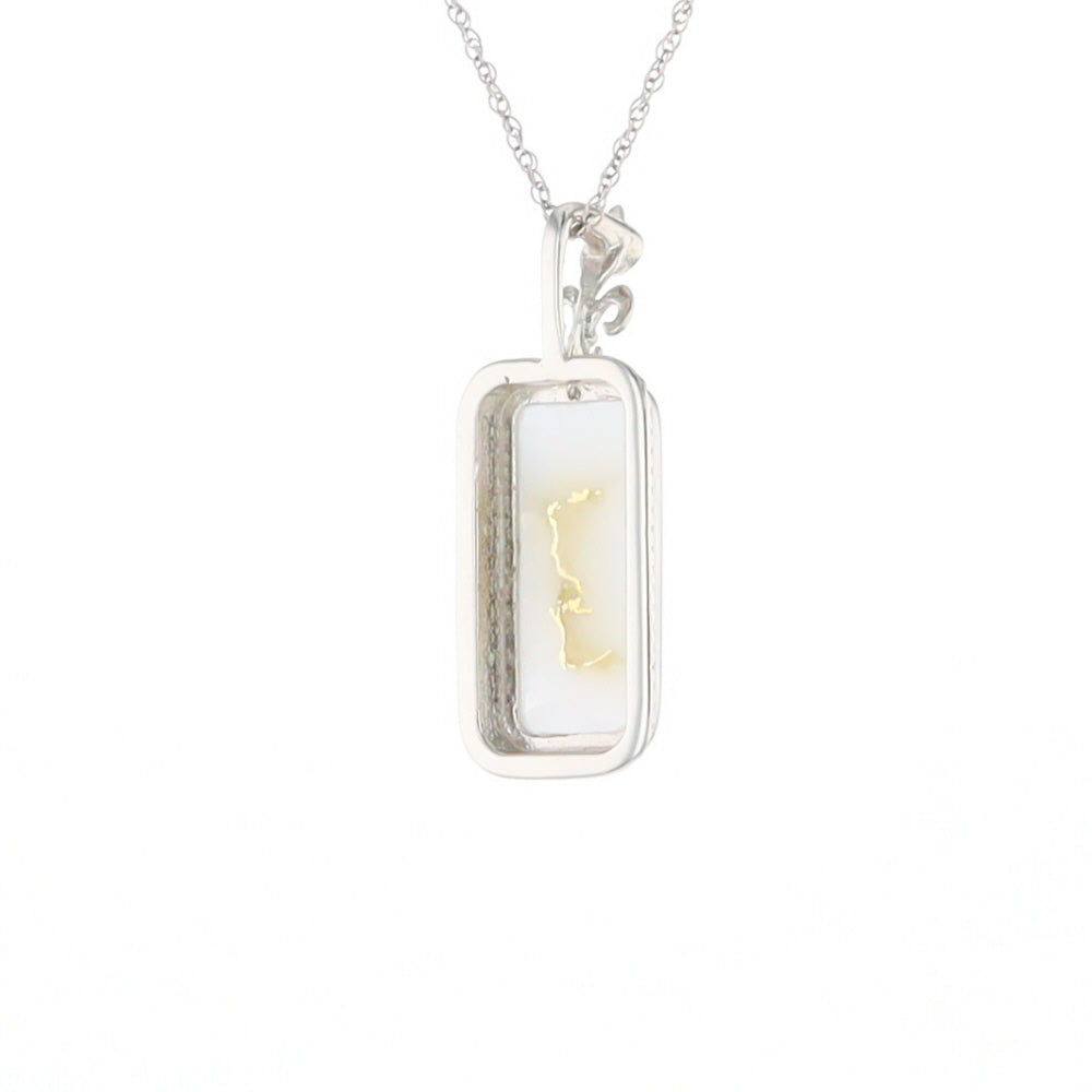 Gold Quartz Necklace, Rectangle Inlaid Fleur De Lis Design with .02ctw Diamond Pendant