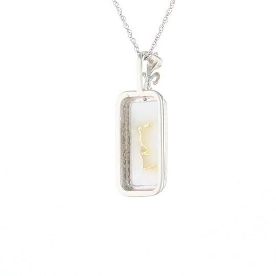 Gold Quartz Necklace, Rectangle Inlaid Fleur De Lis Design with .02ctw Diamond Pendant