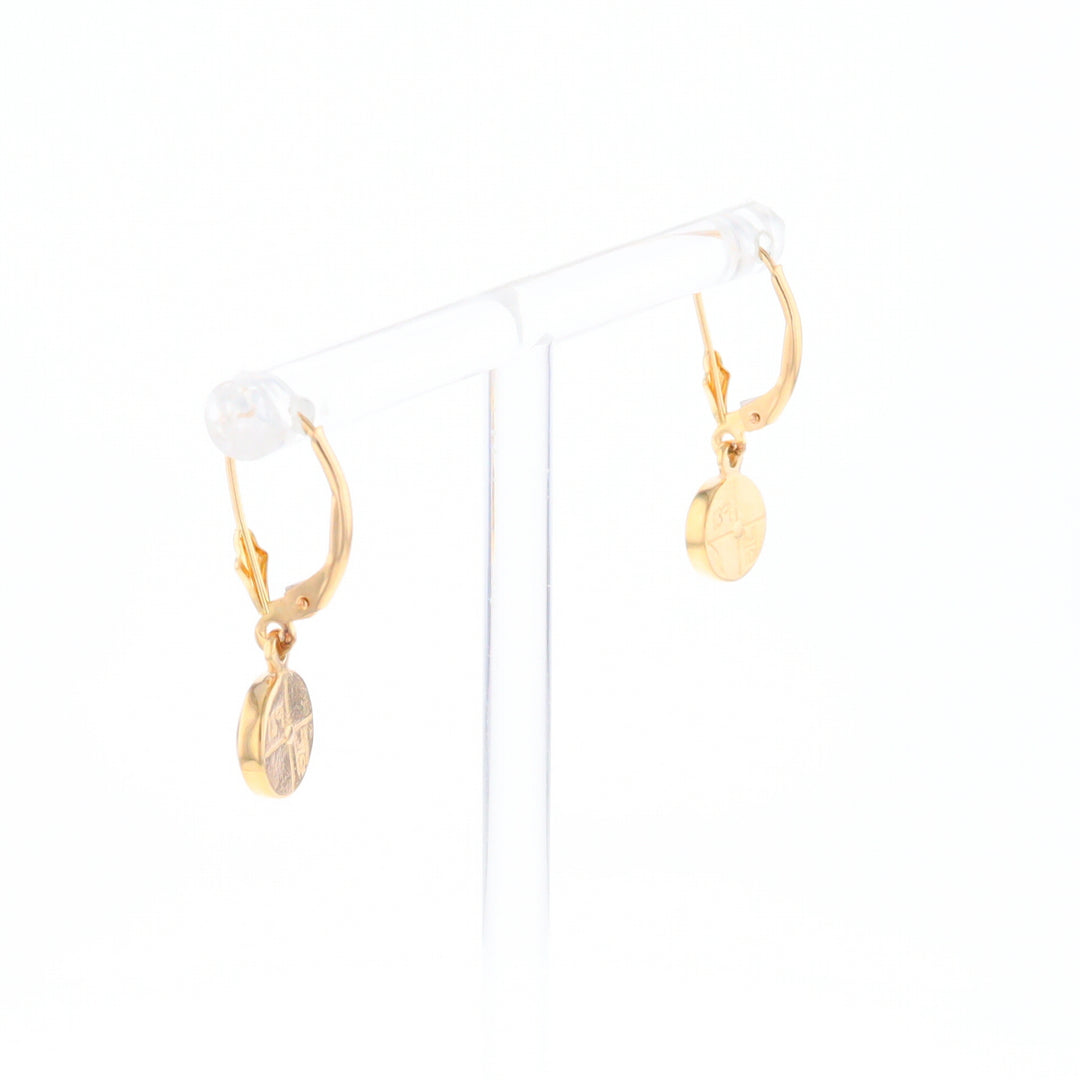 Gold Quartz Earrings Round Inlaid Design Lever Backs