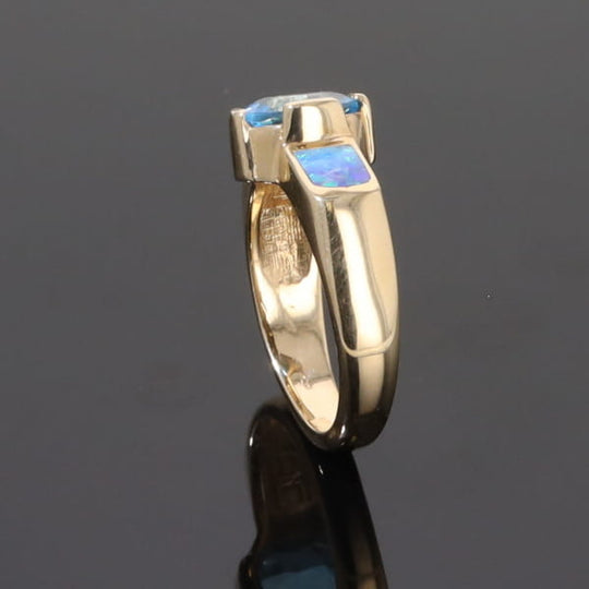 Opal Rings 2 Section Inlaid Design with Oval Swiss Blue Topaz Center