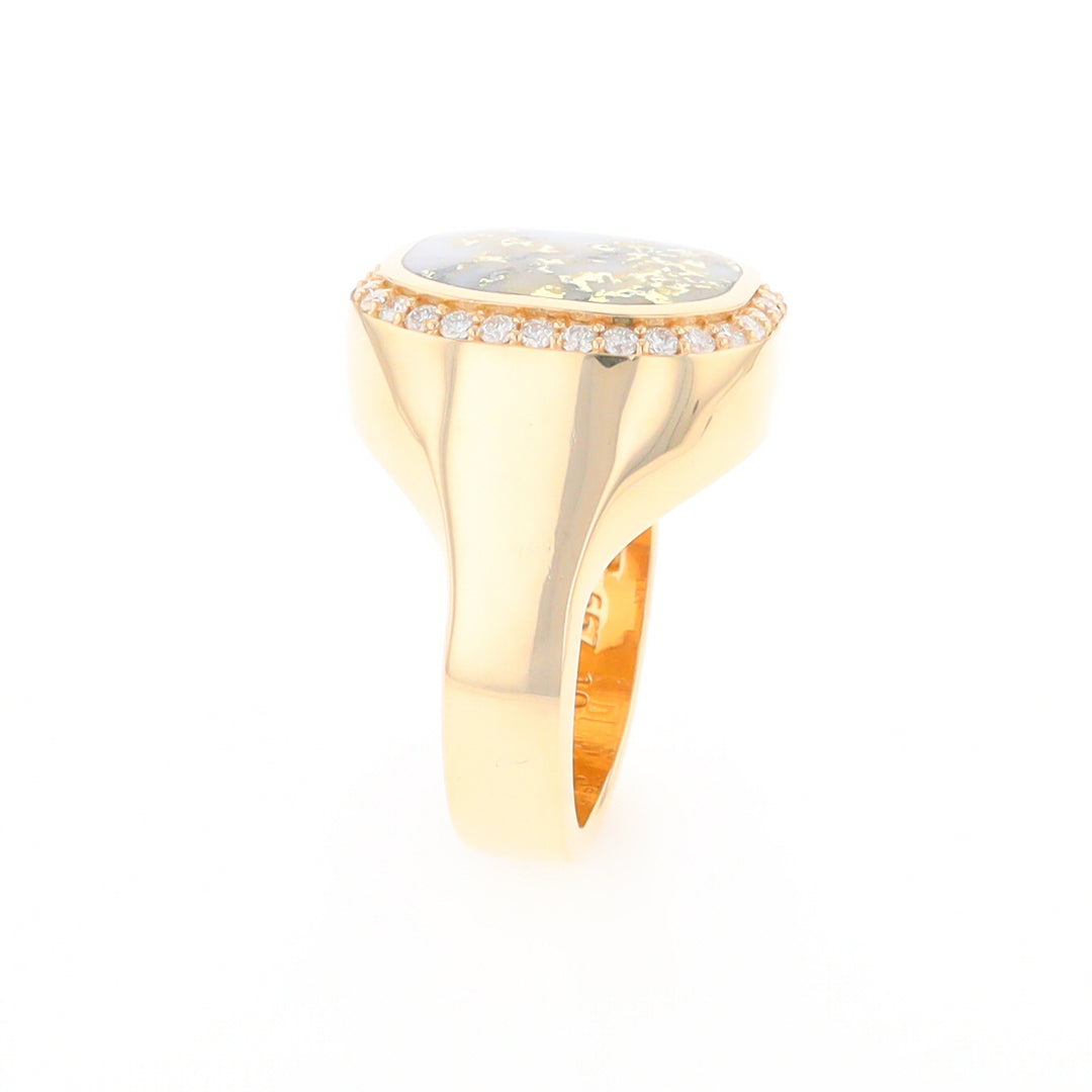 Gold Quartz Cushion Inlaid Men's Ring with Diamond Halo