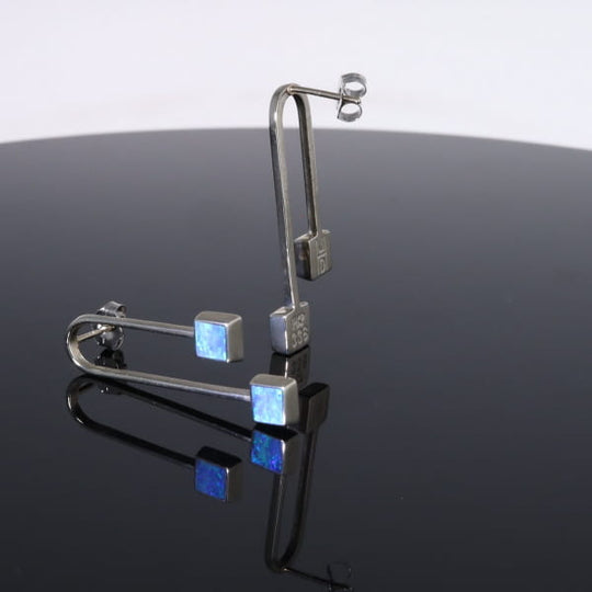 Opal Earrings Curved Bar Double Square Inlaid Ends Design Studs