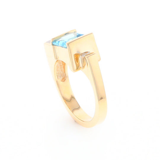 Gold Quartz Ring Rectangle Inlay Swiss Blue Topaz .06ct Round Diamond