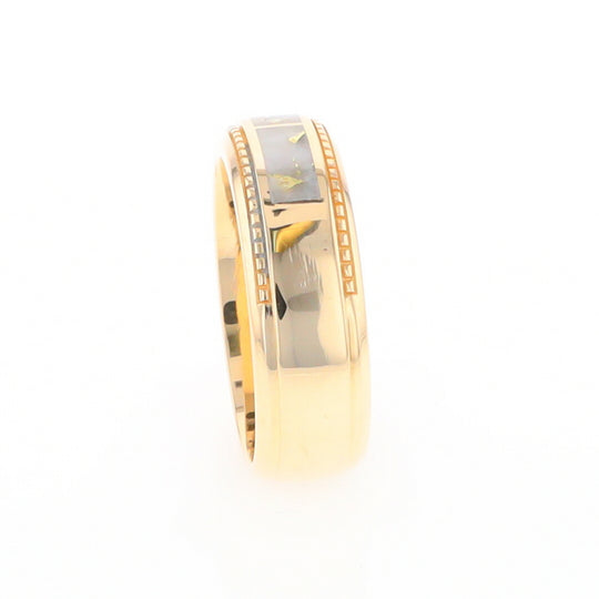 Gold Quartz Ring 3 Section Rectangle Inlaid Milgrain Border Band