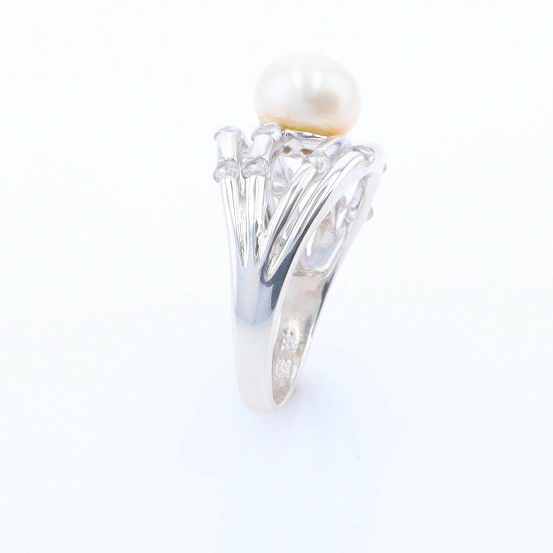 Pearl Bamboo Ring with Cubic Zirconia Accents