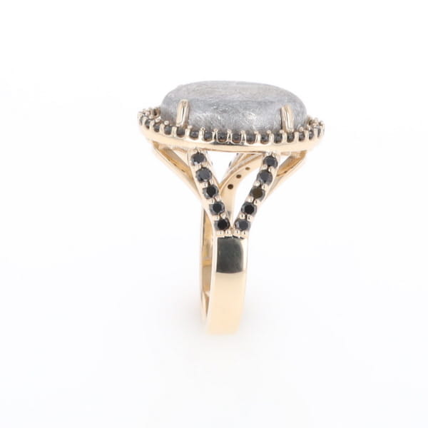 Meteorite Ring Oval Cabochon 0.65ctw Round Black Diamonds Halo