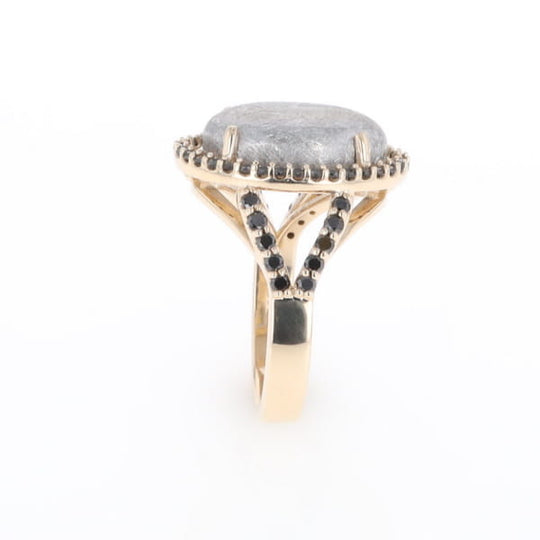 Meteorite Ring Oval Cabochon 0.65ctw Round Black Diamonds Halo
