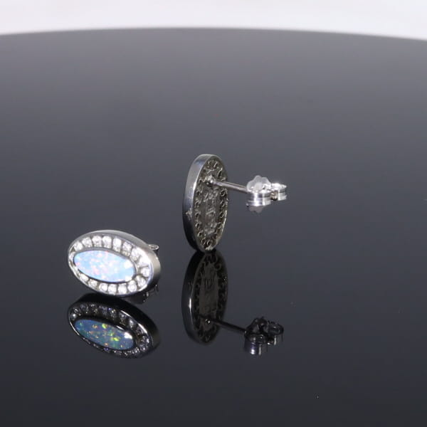 Opal Earrings Oval Inlaid with .25ctw Round Diamond Halo Studs