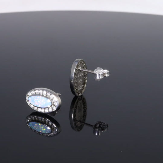 Opal Earrings Oval Inlaid with .25ctw Round Diamond Halo Studs