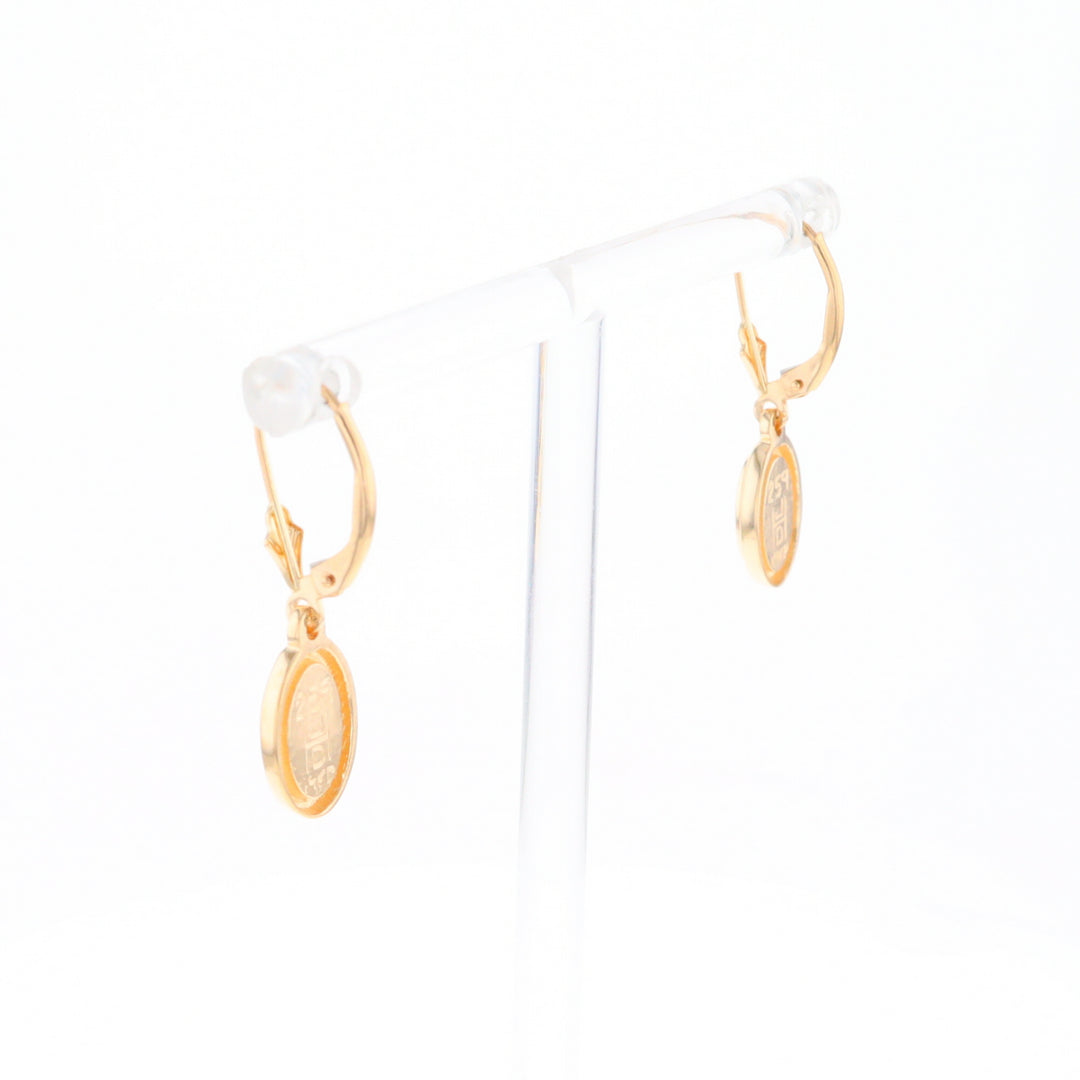 Gold Quartz Earrings Oval Inlaid Design Lever Backs - G2