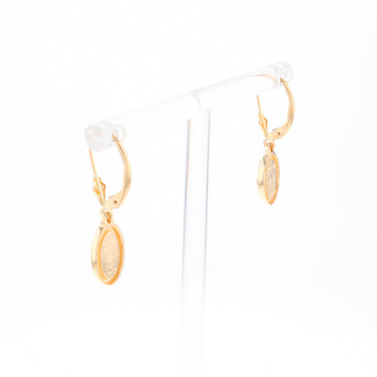 Gold Quartz Earrings Oval Inlaid Design Lever Backs - G2