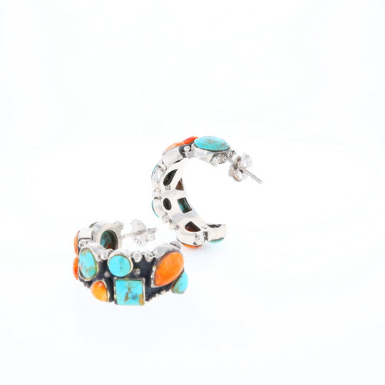 Turquoise & Spiny Oyster Semi-Hoop Stud Earrings