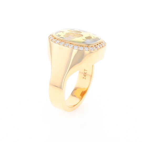 Gold Quartz Cushion Inlaid Men's Ring with Diamond Halo