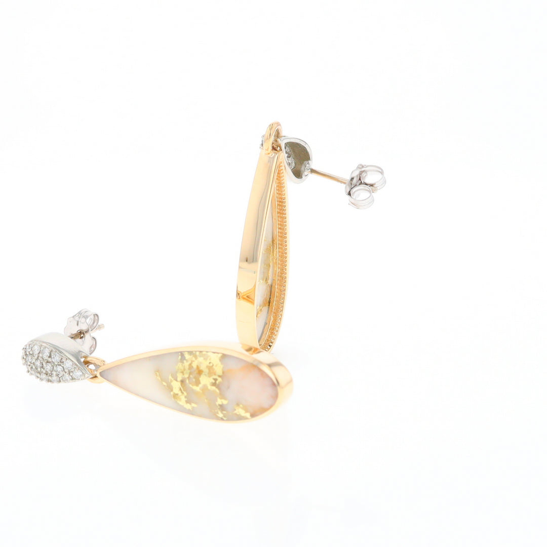 Gold Quartz Earrings, Tear Drop Inlaid with .22ctw Diamond Pave Design