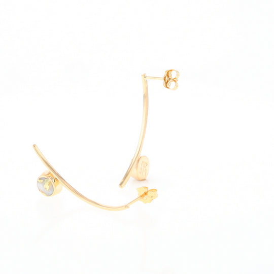 Gold Quartz Earrings Round Inlaid Curved Bar Design