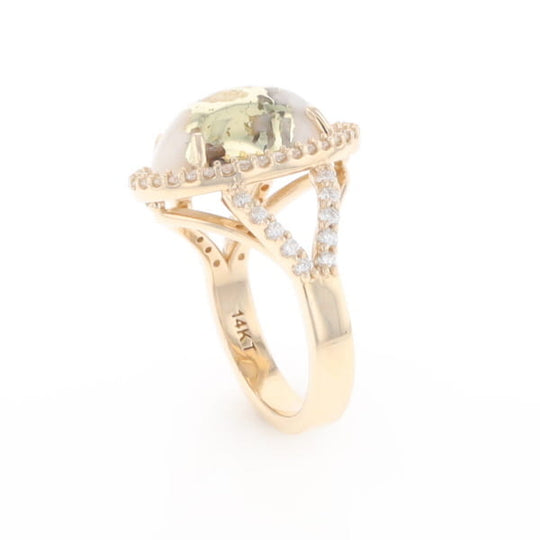 Gold Quartz Ring Oval Cabochon 0.65ctw Round Diamonds Halo