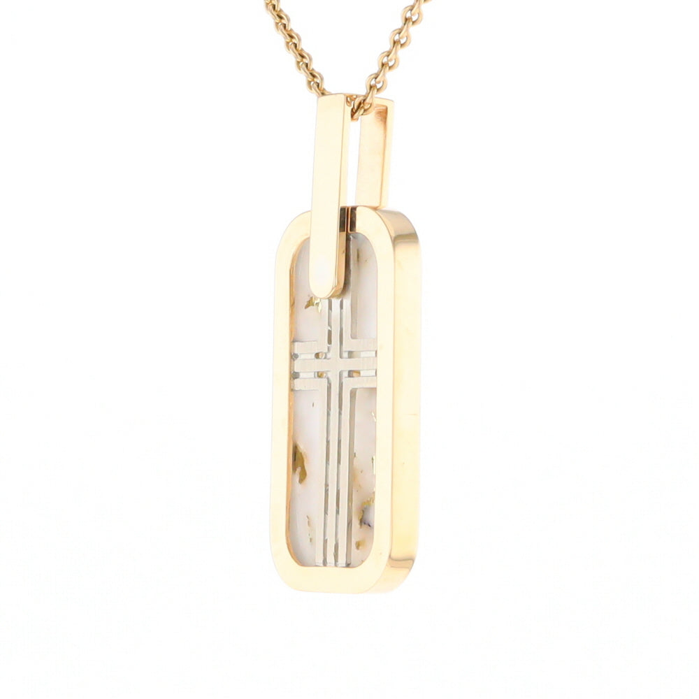 Gold Quartz Necklace Dog Tag Double Sided Inlaid Cross Pendant