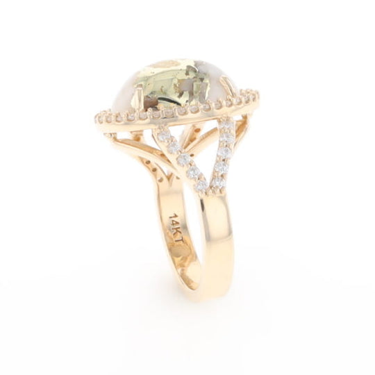 Gold Quartz Ring Oval Cabochon 0.65ctw Round Diamonds Halo