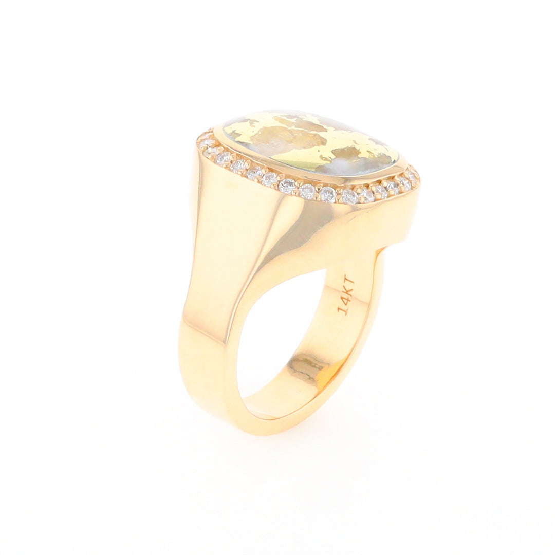 Gold Quartz Cushion Inlaid Men's Ring with Diamond Halo