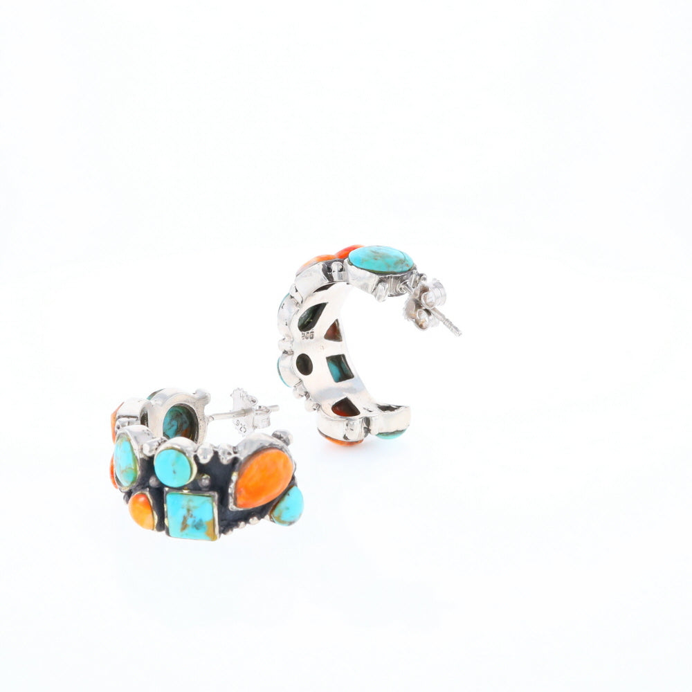 Turquoise & Spiny Oyster Semi-Hoop Stud Earrings