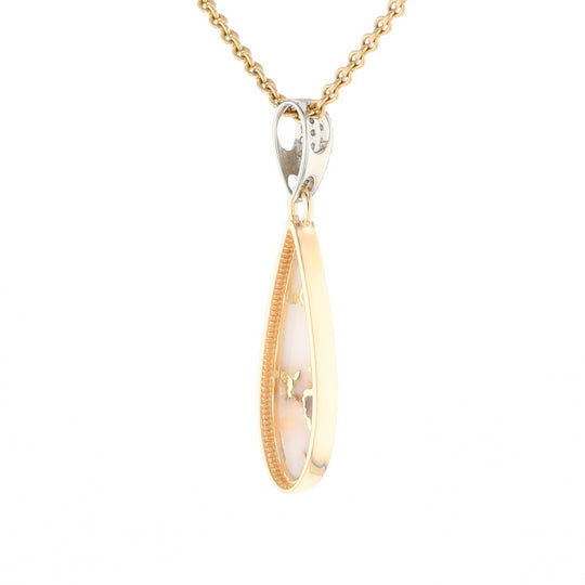 Gold Quartz Necklace, Tear Drop Inlaid Design with .11ctw Diamond Pave Pendant