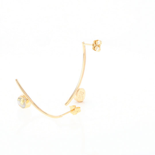 Gold Quartz Earrings Round Inlaid Curved Bar Design