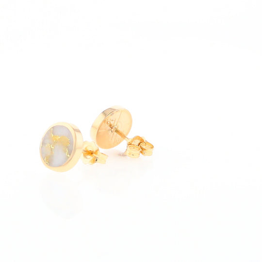 Gold Quartz Earrings 9mm Round Inlaid Studs - G2