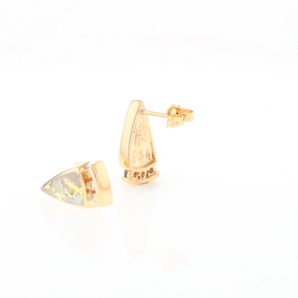 G1 Gold Quartz Earrings Triangle Shape Inlaid Design with .12ctw Diamonds