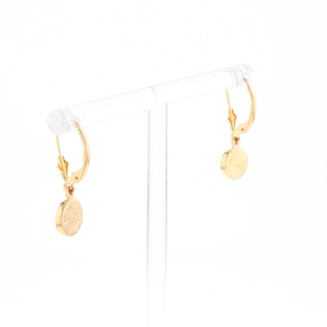 Gold Quartz Earrings Round Inlaid Design Lever Backs