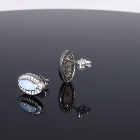 Opal Earrings Oval Inlaid with .25ctw Round Diamond Halo Studs