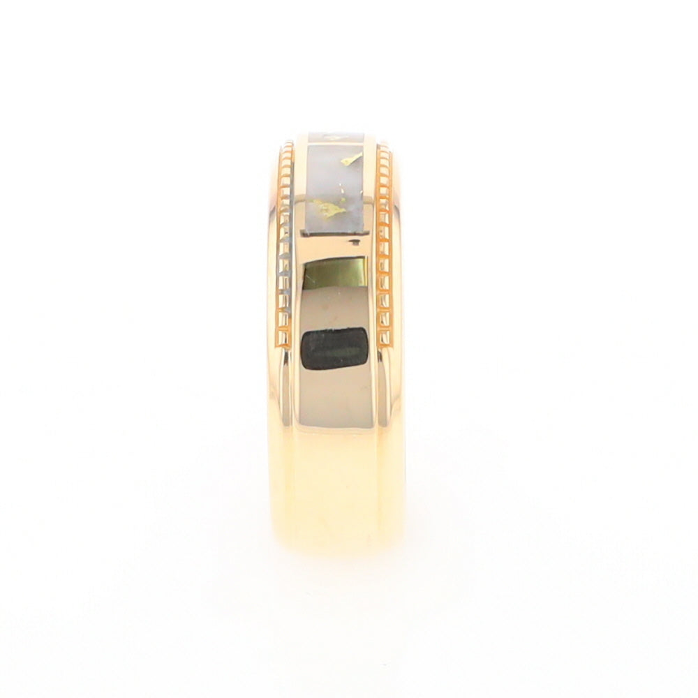 Gold Quartz Ring 3 Section Rectangle Inlaid Milgrain Border Band