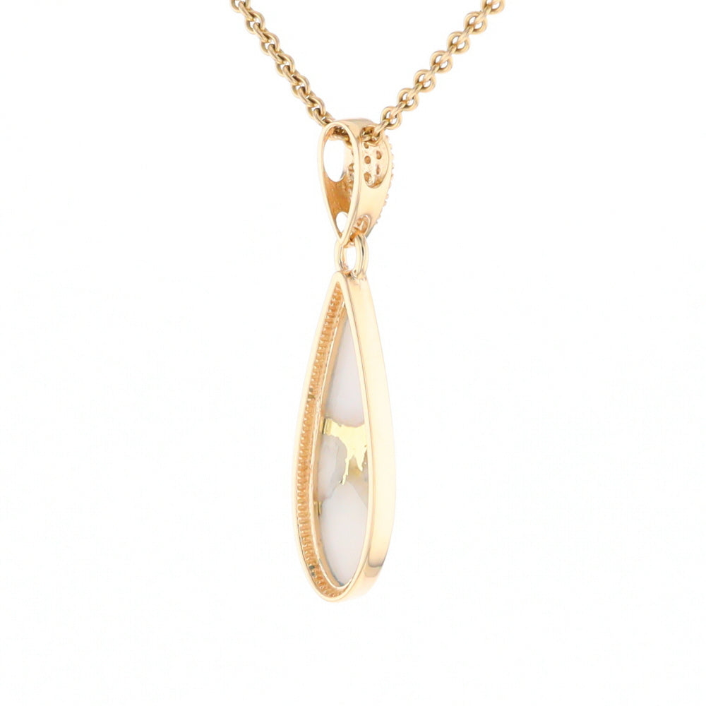 Gold Quartz Necklace, Tear Drop Inlaid Design with 0.11ctw Diamond Pave Pendant G2