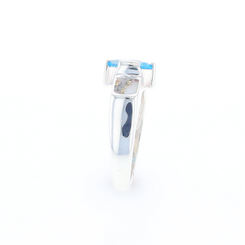 Sterling Silver Gold Quartz Inlaid Oval Blue Topaz Ring - G3