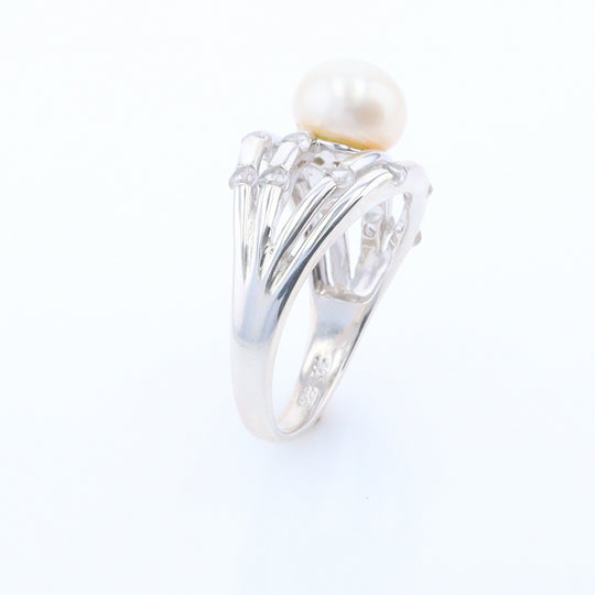 Pearl Bamboo Ring with Cubic Zirconia Accents