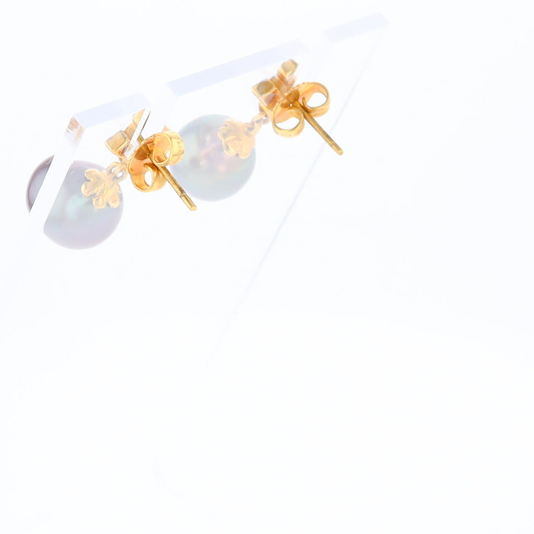 Cultured Tahitian Black Pearl Dangle Earrings with Diamonds in 18K Gold