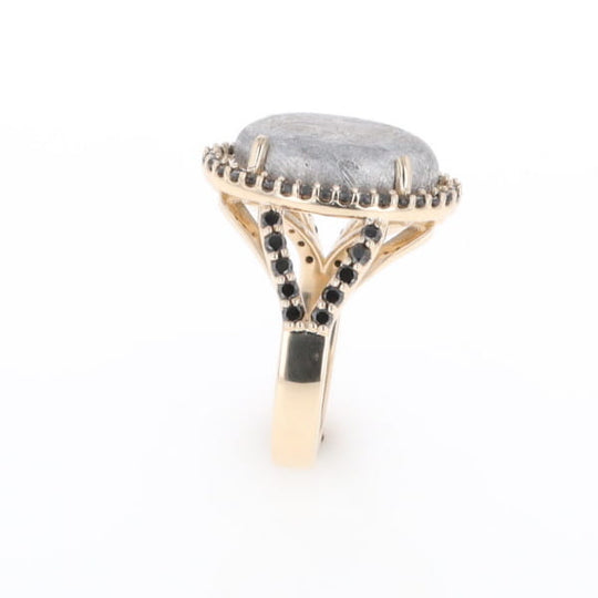 Meteorite Ring Oval Cabochon 0.65ctw Round Black Diamonds Halo